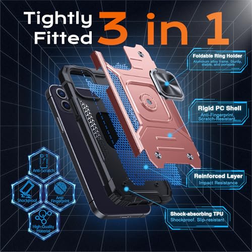 Image of Anqrp Heavy Duty Case for iPhone 12 Mini Case with Enhanced Ring Holder Grip Stand, Military Grade Shockproof Rugged Drop Protective Silicone Hard Slim iPhone 12 Mini Phone Case Cover,Pink Gold
