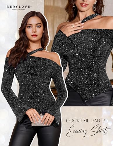 BeryLove Women Sparkly Top Off Shoulder Fitted Shirt Asymmetrical Rhinestone Party Blouse4
