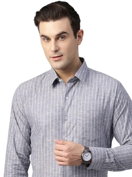 Image of Hancock Men Striped Hemp Blend Formal Shirt(9722Blue)