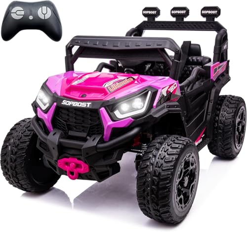 Sopbost 24V Premium 4x4 Ride On UTV for Kids with Remote Control, Electric Off-Road Truck with EVA Rubber Tires, 2WD/4WD Switch, Music & LED Lights, Battery Powered Car for Big Kids Ages 3–8 (Pink)