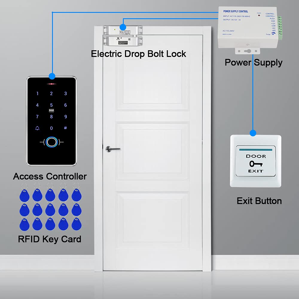 KUMU Sistema de Control de Acceso biométrico 13,56 MHz IP68 Teclado Impermeable + Fuente de alimentación + Cerradura eléctrica + 15 Piezas Juego Completo de Llavero para la Seguridad en el hogar (con