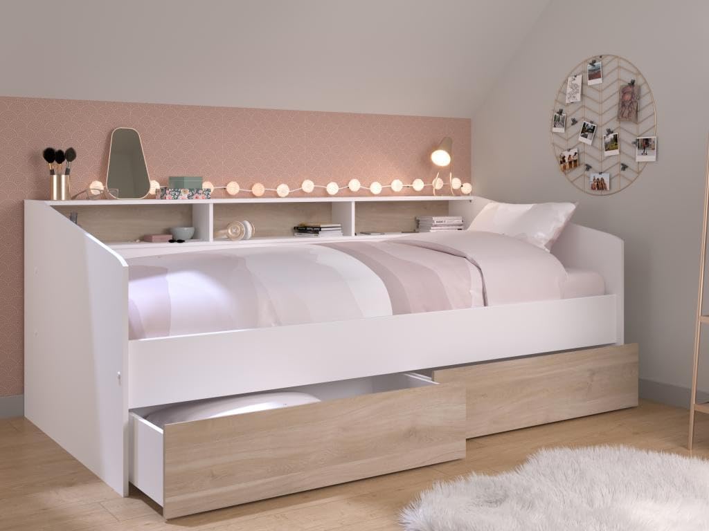PAULETTE bed with one under-bed drawer partially open, revealing the storage space.