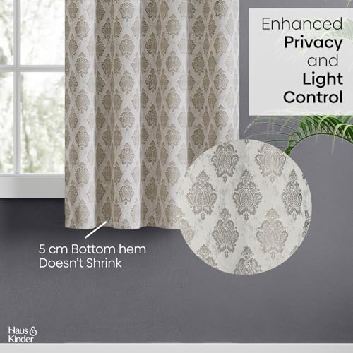 Image of haus & kinder Jacquard Window Curtain 5 Feet Long Pack of 1 Window Curtain, 5 Feet Curtain for Window (Stonehaven, Stone Classic Damask Design 130x152 CM)