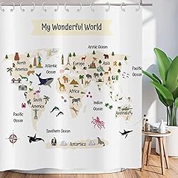 Cortina De Baño Mapa Del Mundo ASDCXZ Cortina de ducha divertida, 180x180 cm, mapa del mundo, animales lindos divertidos, blanco, lavable, textil, tela impermeable, cortinas de ducha para bañera con 12 ganchos de ducha