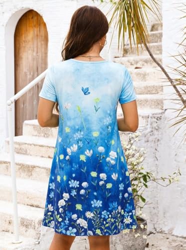 Image of Heymoments Women's Short Sleeve Crewneck Sundress Summer Casual A-Line Beach Dress with Pockets S-2XL