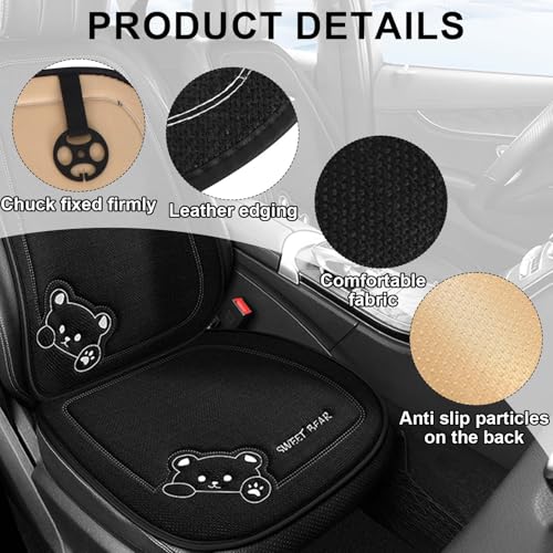 Auto Sitzauflagen aus Reinem Leinen, 50 x 50cm Sitzauflagen Vordersitze, Autositz Auflage mit Cartoon-Bären, Stilvolle Sitzkissen Auto Vordersitze, Anti Rutsch Sitzkissen für Autositz, SUV (Schwarz)