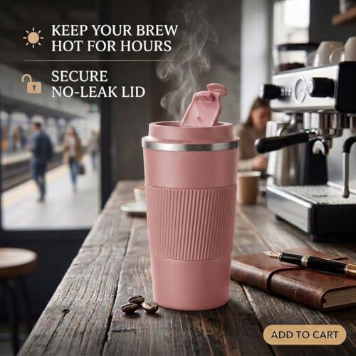 Image of Aeon Travel Mug, Insulated Coffee Cup with Leakproof Lid,Vacuum Insulation Stainless Steel Reusable for Hot Cold Coffee, Non-Slip Protective Cover (Pink)
