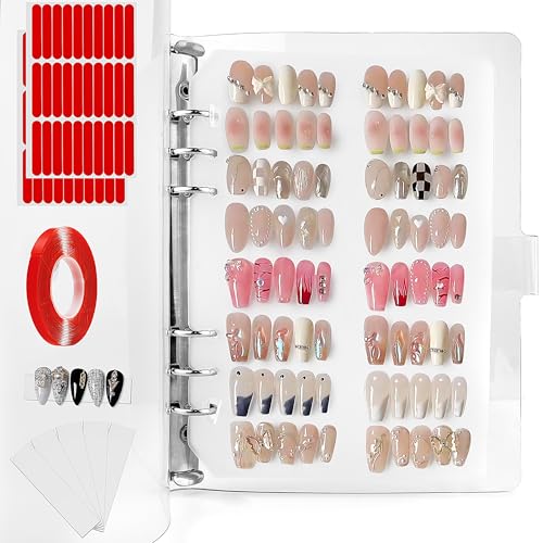 Yazabai Large Clear Press On Nail Organizer Book Storage Acrylic Art Display Packaging Box with Transparent Tape for Fake Salon (Clear, 9.5 * 7in)