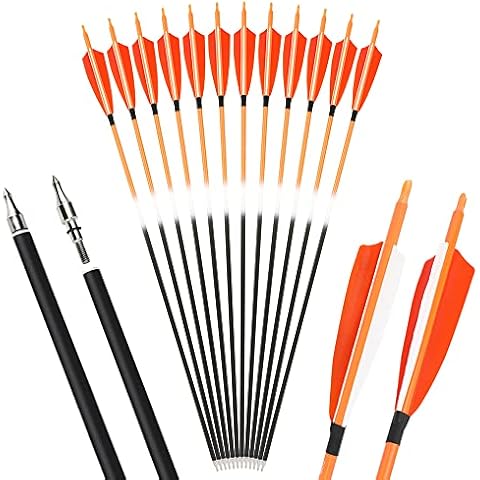 12pcs Archery Carbon Arrows Spine 500 Hunting Arrows with natural shield feather, for Hunting Targets Recurve Bow Compound Bow Traditional Bow Shooting Practice Outdoor (5 inches 6pcs, orange) Cover