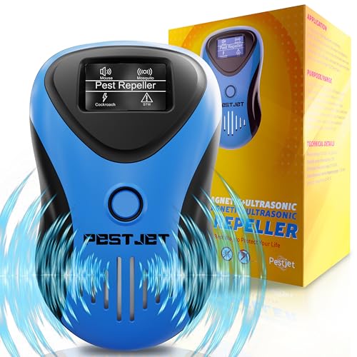 Ultrasonic pest repeller device in blue with LCD display, designed to repel pests like cockroaches, featured in a product box.