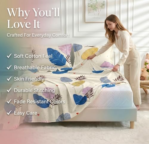 Image of BSB HOME 210 TC Cotton Feel Double Bedsheet with 2 Pillow Covers, Soft & Breathable Floral Printed Bed Sheet, Easy Care Bedding for Bedroom - 86 x 88 Inches (218 x 224 cm) (Vanilla Cream)