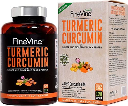 Turmeric Curcumin with BioPerine Black Pepper and Ginger - Made in USA - 60 Vegetarian Capsules for Advanced Absorption, Cardiovascular Health, Joints Support and Anti Aging Supplement