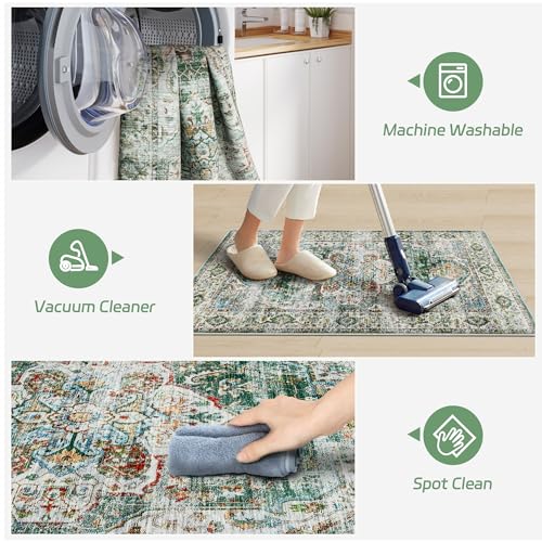 Madane Washable Area Rug 2x3, Small Entryway Rug Non-Slip Vintage Door Mat Indoor Entrance, Low Pile Floor Carpet for Inside Front Door Bedroom Kitchen Entry Laundry (2'x3', Green)