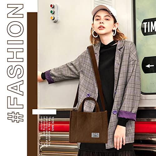 Binsuns Corduroy Tote Bag For Women Small Satchel Bag Mini Tote Bag Aesthetic Crossbody Bag Handbag - School Work Travel Shopping(Brown) #TOP1