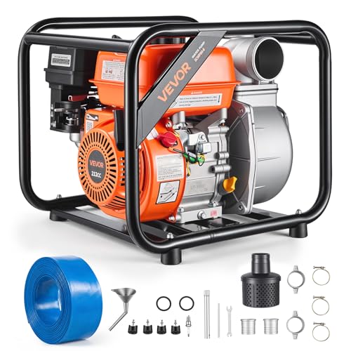 VEVOR Gas Powered Water Pump 3 in 264 GPM 7HP Semi Trash Water Transfer Pump Portable Gasoline Engine with 25 ft Discharge Hose Heavy Duty Frame Cast Iron Impeller for Irrigation Ponds Pools