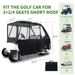 Tecoom Golf Cart Enclosure 2+2/4 Passenger for EZGO, Yamaha, Club Car, Waterproof 600D Rain Cover with 4 Clear Windows, Foldable Door Zippers, 8 Windproof Hooks, Side Mirror Opening, Roof 57''