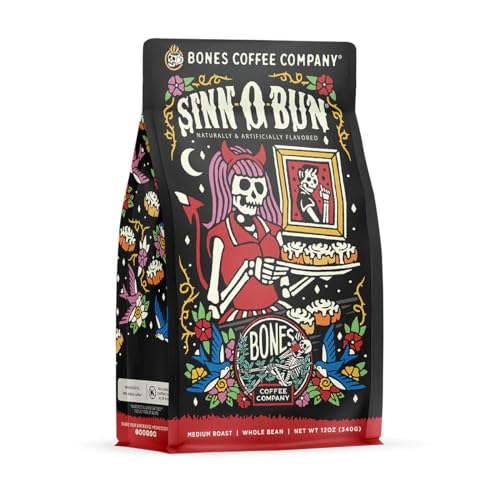Bones Coffee Company Sinn-O-Bun Flavored Coffee Beans, Medium Roast Whole Bean Coffee Low Acid, Cinnamon Bun Flavor (12 oz)