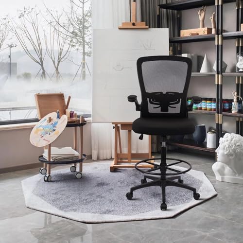 Image of CLATINA Drafting Chair Tall Office Chair with Flip-up Arms, Mid Back Executive Chair with Adjustable Lumbar Support and Footrest, Ergonomic Mesh Computer Standing Desk Chair for Home, Studio, Black