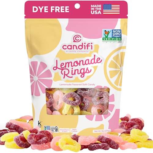 Candifi Dye Free Candy (8 oz) - Lemonade Rings - Sour-Sweet Vegan Pink Lemonade Gummy Rings - Sour Gummies Natural Candy, Non GMO – Kosher, No Gelatin, Gluten...