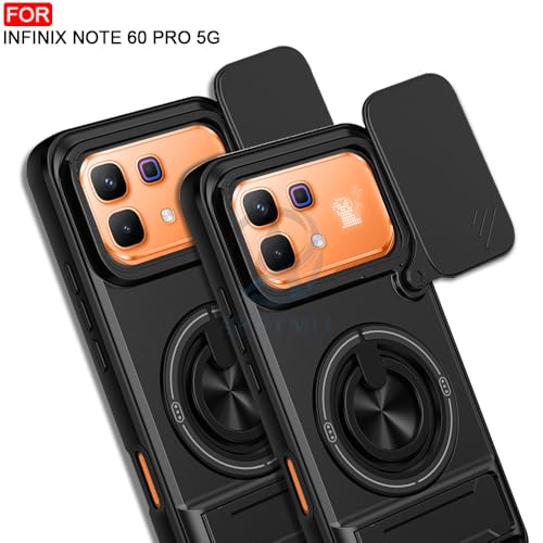 Image of AESTMO Infinix Note 60 Pro 5G Back Cover | Armor Camera Slider 360 Degree Rotating Finger Ring Holder Case with Bracket Stand Back Case Cover (Compatible with MagSafe Accessories) (Black)