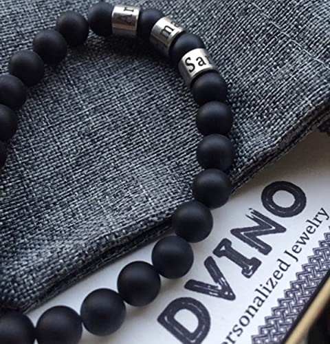 Personalized Engraved Mens Black onyx Stone Bracelet with Names -Black Matte Onyx Family Names - Family Name Bracelet Anniversary, Birthday Gift, Valentines day Gift3