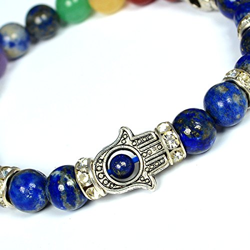 Image of Reiki Crystal Products Certified Natural Crystal Stone 7 Chakra with Hamsa 8 mm Round Beads Bracelet for Men & Women | Reiki Charged Gemstone Bracelet | Multiple Stone Variants Available