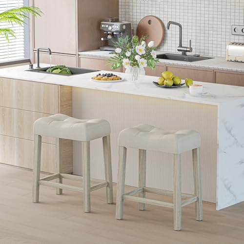 Image of Giantex 24 inch Bar Stools Set of 2, Upholstered Counter Height Saddle Bar Stools with Footrest and Wood Legs, Farmhouse Button Tufted Backless Barstools for Kitchen Island, Dining Room, Cafe, Beige