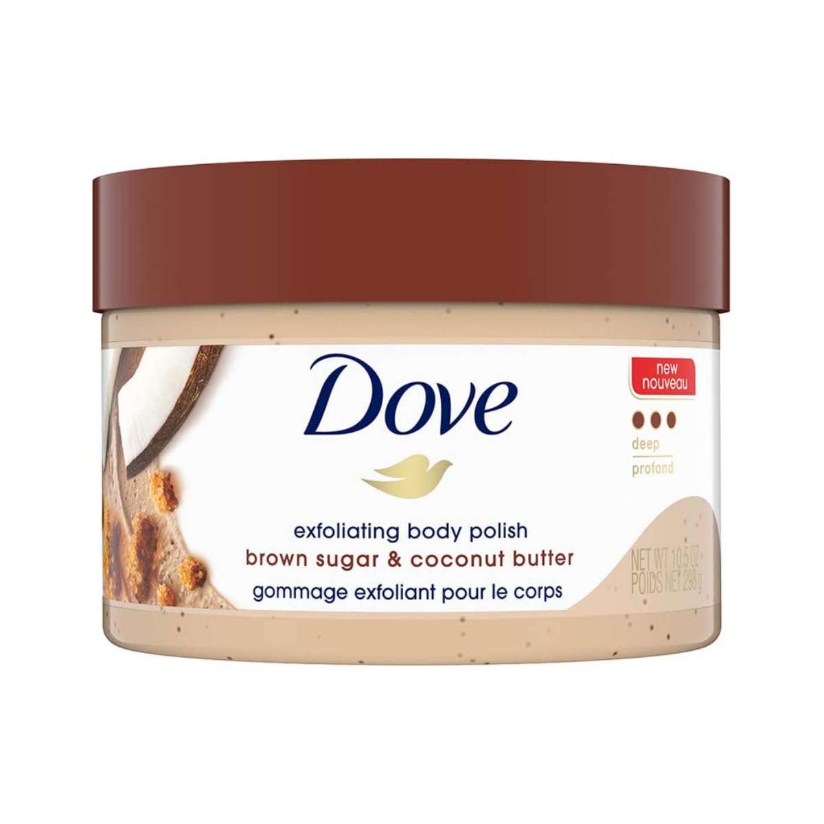 Dove Exfoliating Body Polish Scrub For Dry Skin With Brown Sugar & Coconut Butter, Gently Exfoliates & Moisturizes For Instant Soft & Smooth Skin, Natural Ingredients, No Sulfate, Coconut Scent, 298g