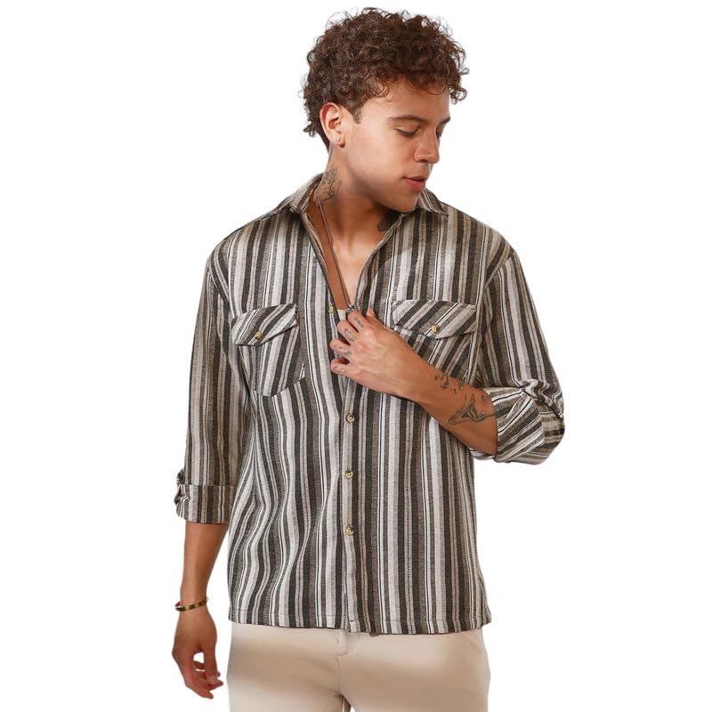 Image of CAHOOT Men's Multitrack Striped Oversized Shirt for Casual Wear | Spread Collar | Long Sleeve | Button Closure | Oversized Shirt Crafted with Comfort Fit for Everyday Wear