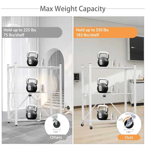 Image of 3 Tier Foldable Storage Shelf with Wheels Heavy Duty Garage Shelving | Unit Loads 550 LBS, Metal Steel Collapsible Shelves, Rolling Standing Utility Rack for Kitchen, Pantry, Office, White