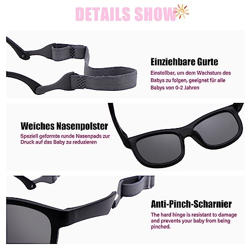 LOJUDI Baby Sonnenbrille Polarisierte Weicher Silikonrahmen Flexibler Riemen mit UV400 Schutz für Baby 0-24 Monate(Schwarz/Grau)