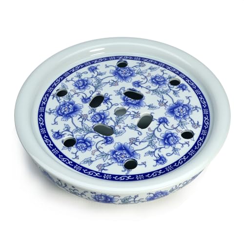 Image of Porcelain Tea Tray, 10 inch Double-Layer Ceramic Tray Round for Tea Coffee Serving Table (Blue and White Peonies)