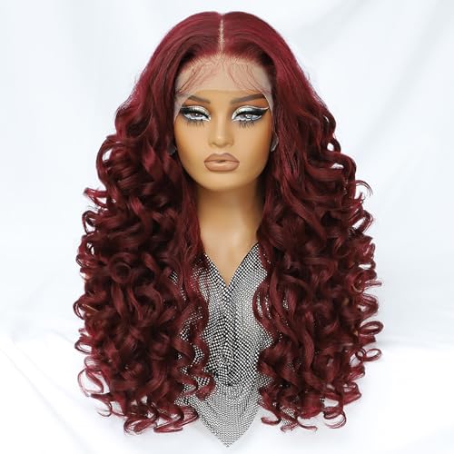 Felek Burgundy Wig Long Synthetic 13x6 Lace Front Wigs for Black and White Women Red Loose Wave HD Transparent Lace Frontal Wigs Pre Plucked 99J Wear and Go Glueless Curly Wig 24 inch