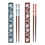 2 Paar Essstäbchen Tragbares Essstäbchen Set mit Etui Wiederverwendbare natürliche Holzstäbchen Japanischer Stil Umweltfreundliche Essstäbchen für Sushi Nudel Picknick Küche Blau und Rot Weiß