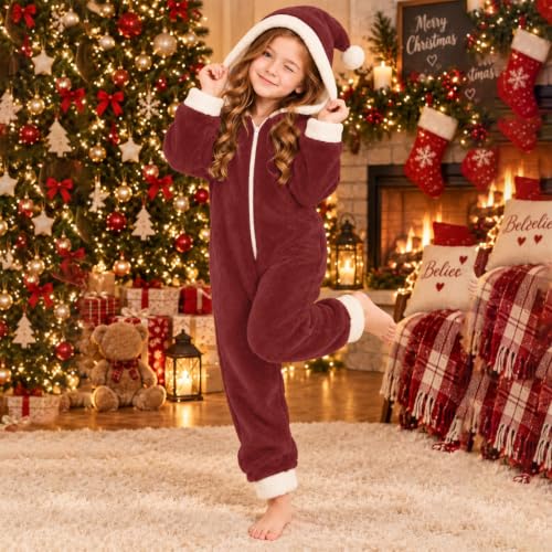 Kids Christmas Santa Hat Hooded Onesie Cozy Fleece Jumpsuit Outfit Girls - image 2
