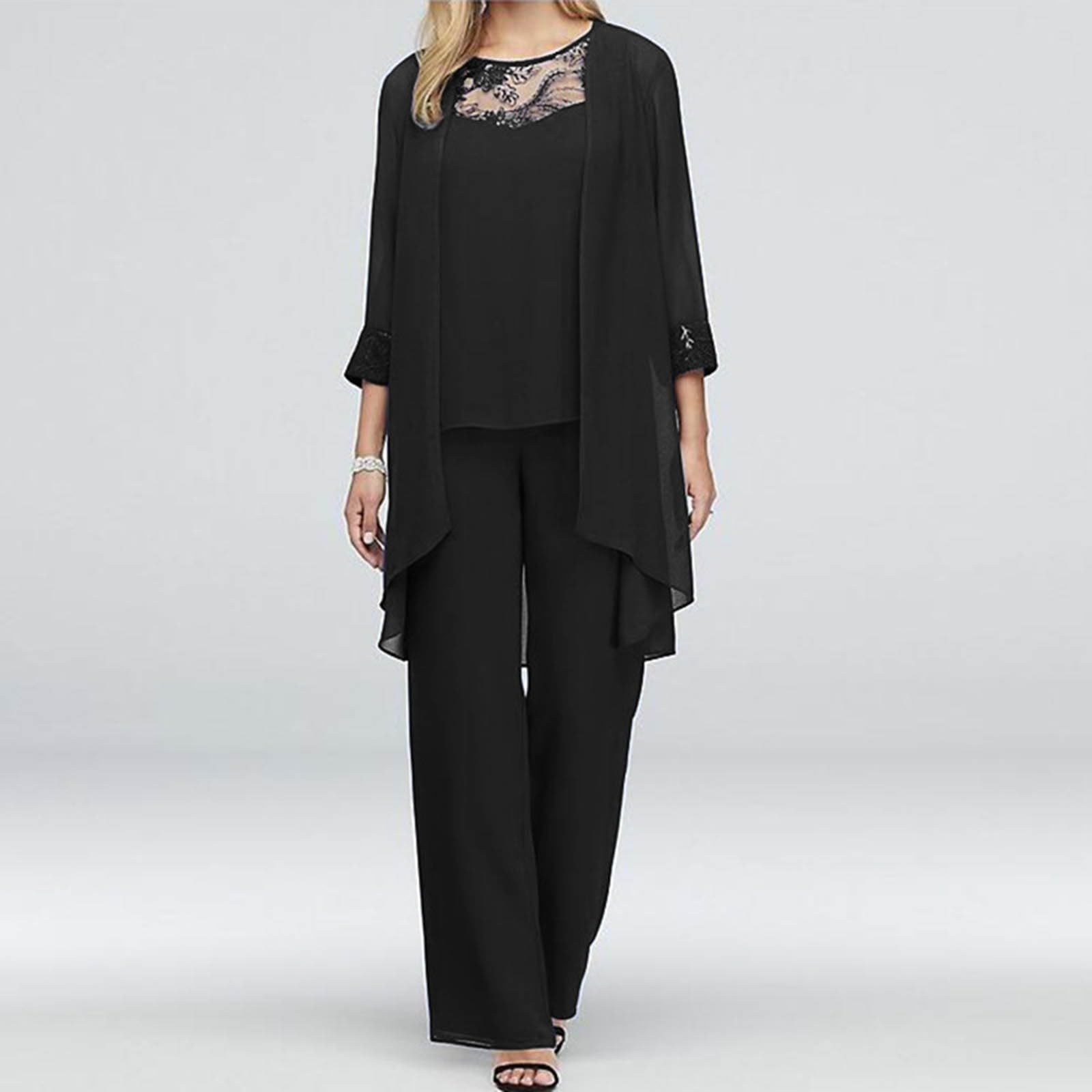 3 Pièces Ensemble Femme Chic Et Elegant- Ensemble Pantalon Et Haut Fluide Couleur Unie Mousseline De Soie Décontracté Coupe Ample Gilet + Cardigans Léger Confortable Soirée Fête Tailleurs Pas Cher
