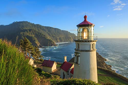 Heceta Head Lighthouse, Oregon, View of Coastline with Forested Hills (9x12 Wall Art Print, Home Decor)
