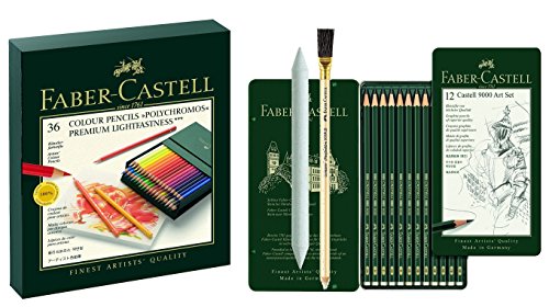 Art Set Faber-Castell 110038 - Farbstift POLYCHROMOS, 36er Atelierbox mit Faber-Castell 119065 - Bleistift CASTELL 9000, 12er, Inhalt 8B - 2H mit Estompe und Radierstift