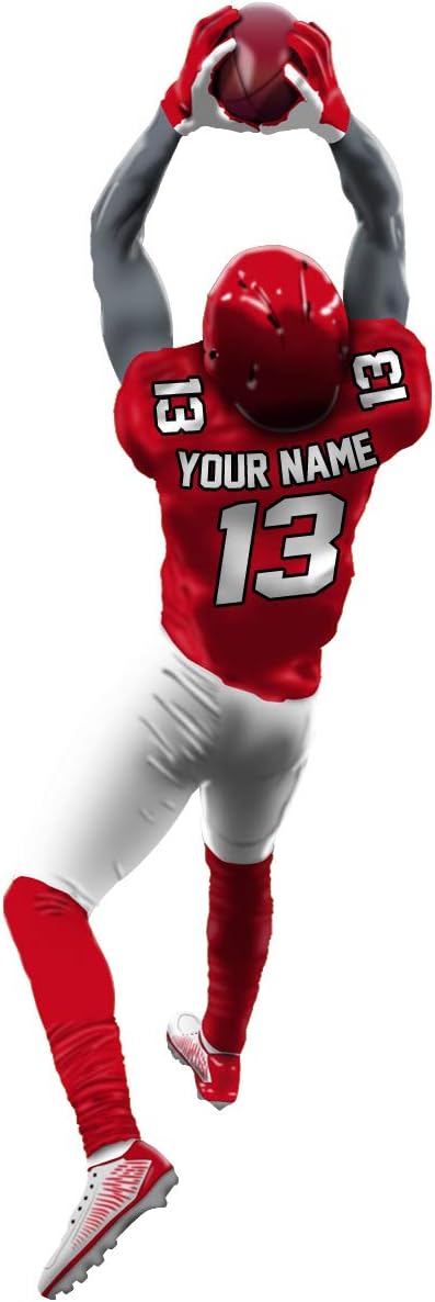 VWAQ Personalized Football Player Wall Decal - Custom Name Sports Wall Sticker Peel and Stick - HOL30 (48" H X 16" W, Red)