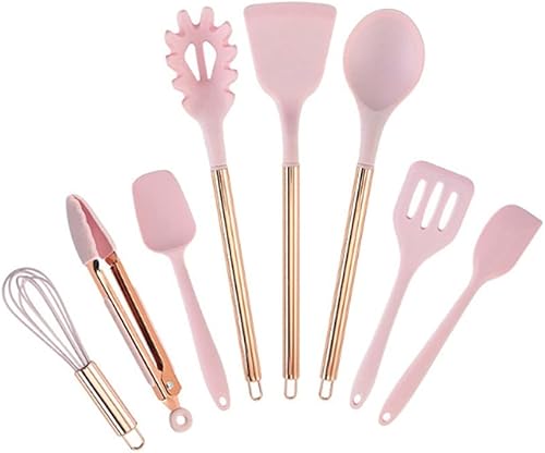 WYFDP - Juego de espátula antiadherente de silicona de ocho piezas, juego de accesorios de cocina con mango de oro rosa