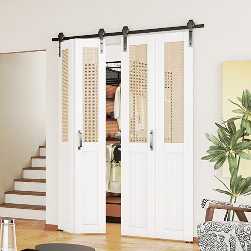 SOLRIG 48" x 84" Cane Webbing Bifold Closet Door, 24" x 2 Double Door Slab, 4.3FT Track Kit for 4 Doors, Finished Sliding Barn Door with Complete Hardware Set, MDF White