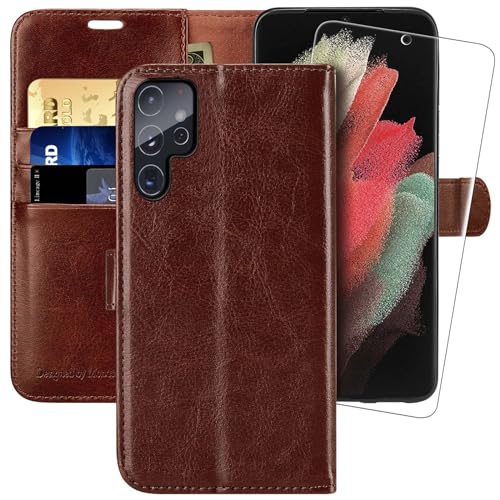 MONASAY Wallet Case Compatible for Galaxy S22 Ultra 5G, 6.8 inch [Included Screen Protector][RFID Blocking] Flip Folio Leather Cell Phone Cover with Credit Card Holder, Brown