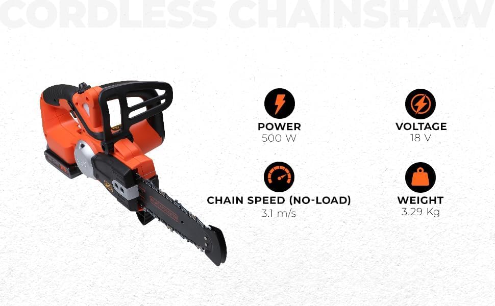 BLACK+DECKER GKC1820L20 Chainsaw with specifications: Power 500W, Voltage 18V, Chain Speed 3.1 m/s, Weight 3.29 Kg