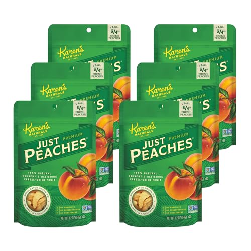 Karen's Naturals Freeze-Dried Just Peaches, 1.2oz, Pack of 6 - Flavor Packed Freeze Dried Fruit Snack, Crunchy Peaches, Healthy Snack for Kids & Adults, No Added Sweeteners, Gluten & Allergy Free
