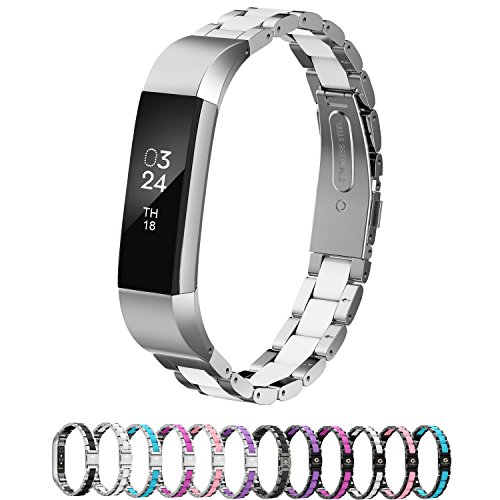 Greeninsync Compatible with Fit Bit Alta Bands Metal, Replacement for Fit Bit Alta HR Stainless Steel Bands Adjustable Accessory Wristband Small Large W/Silicone Cover for Alta Bracelet Women-White