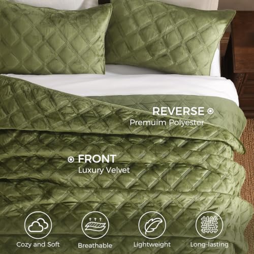 WONGS BEDDING Velvet Comforter King, Lattice Diamond Quilt Set, Olive Green - image 4