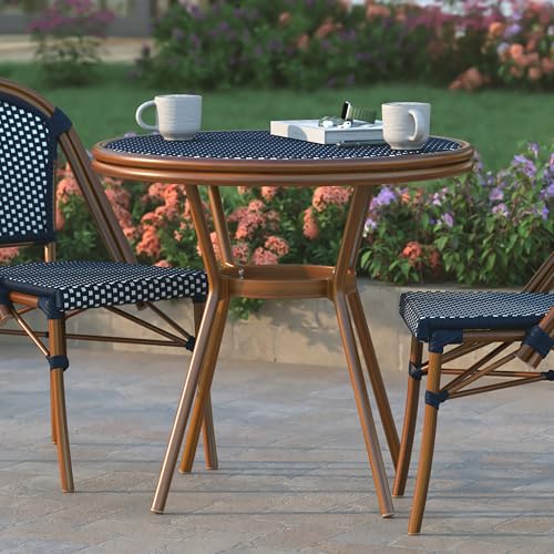 EMMA + OLIVER Colmar Indoor/Outdoor Bistro Table - Navy & White Woven PE Rattan Pattern - Tempered Glass Top - Bamboo Finish Metal Frame - 31.5 in.