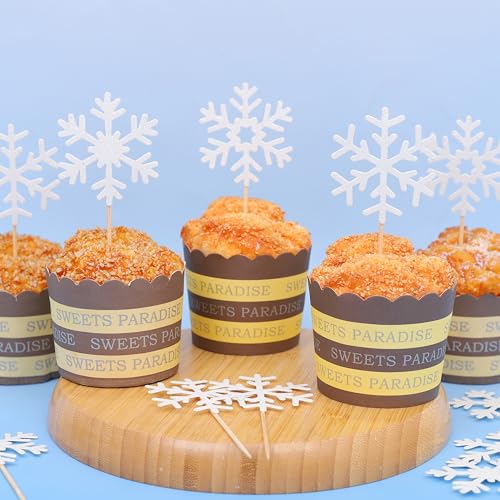 12PCS White Glitter Snowflake Cupcake Toppers - Winter Snowflake Birthday Cake Decoration, Snowflake Birthday Flag, Winter Frozen Theme Snowflake, Winter Wonderland Theme Decoration