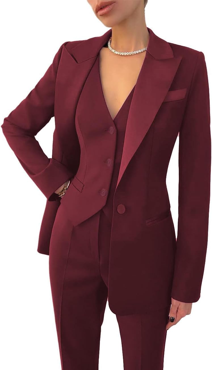 Women's Business 3 Piece Suit Notch Lapel Lady Suit One Button for Office Work Casual Tuxedo Blazer Vest Pants Set