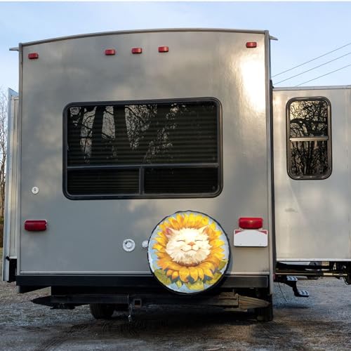 Image of Dujiea White Smiling Cat Like Sunflower Spare Tire Cover, Universal Wheel Tire Cover Waterproof Dust-Proof Tire Protectors for Trailer Rv SUV Truck Camper and Many Vehicle 14 15 16 17 Inch